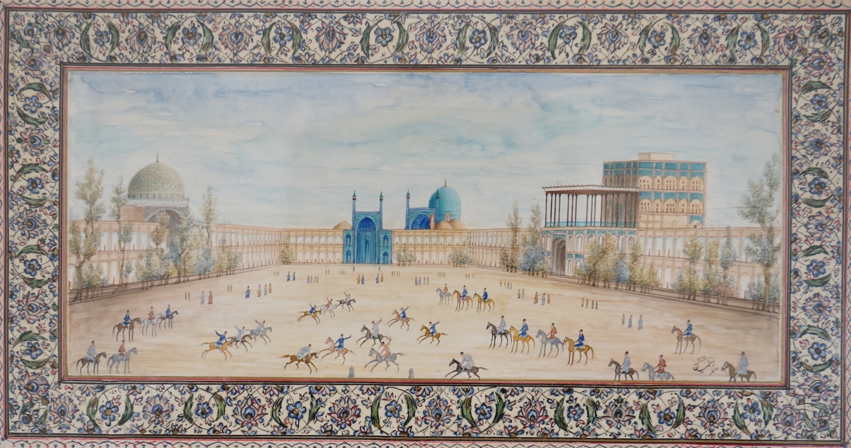 20th century, Persian School, watercolour on faux ivory panel, Figures on horseback together with similar watercolour on card, largest 33 x 25cm. Condition - fair to good